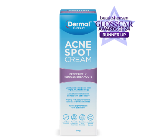 Front view of Dermal Therapy Acne Spot Cream packaging, showcasing the product box with prominent beautyheaven Glosscar awards runner up 2024 badge.