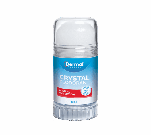 Front of Dermal Therapy crystal deodorant stick with blue label and red panel