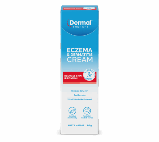 Front of Dermal Therapy eczema and dermatitis cream box with blue gradient design and red panel