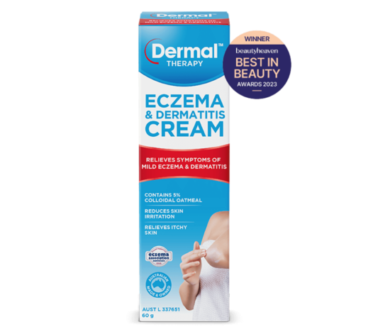 Front view of Dermal Therapy Eczema Dermatitis Cream packaging, showcasing the product box with prominent beautyheaven Best in Beauty 2023 winner badge for Best Body Treatment Product.