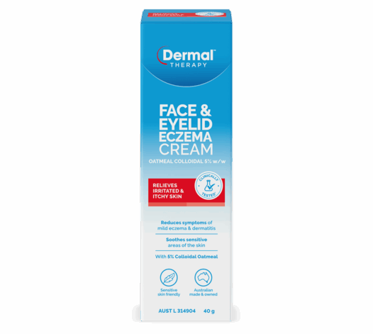 Front of Dermal Therapy face and eyelid eczema cream box with blue design and red panel