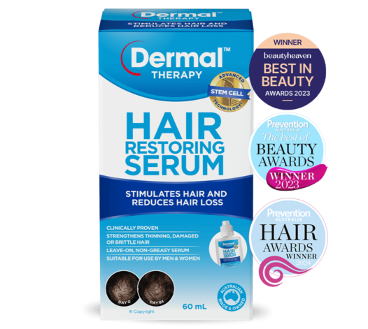Front view of Dermal Therapy Hair Restoring Serum packaging, showcasing the product box with prominent Awards including 2024 winner badge for Prevention Australia Hair Awards.