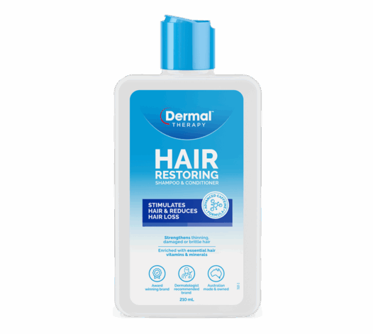 Front of Dermal Therapy hair restoring shampoo and conditioner bottle with blue label