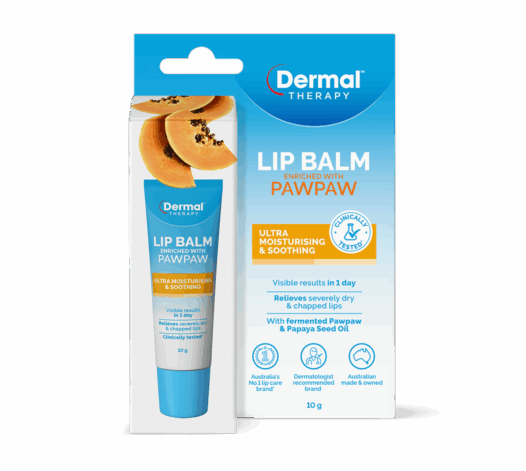 Front of Dermal Therapy pawpaw lip balm packaging with tube and papaya image