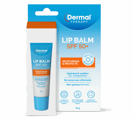 Front of Dermal Therapy Lip Balm SPF 50+ packaging with tube and blue and orange design