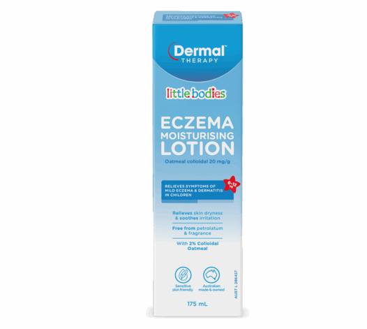 Front view of Dermal Therapy Little Bodies Eczema Moisturising Lotion box with blue and white design