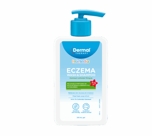 Front view of Dermal Therapy Little Bodies Eczema Wash and Shampoo bottle with pump and blue label