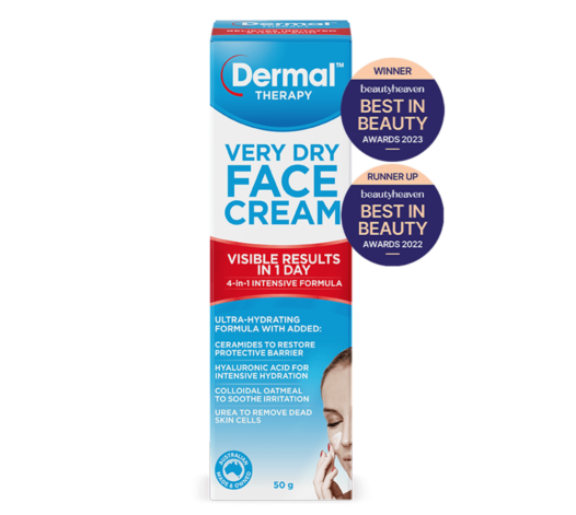 Front view of Dermal Therapy Very Dry Face Cream packaging, showcasing the product box with prominent beautyheaven Best in Beauty 2023 and 2022 winner badges for Best Day Moisturiser.