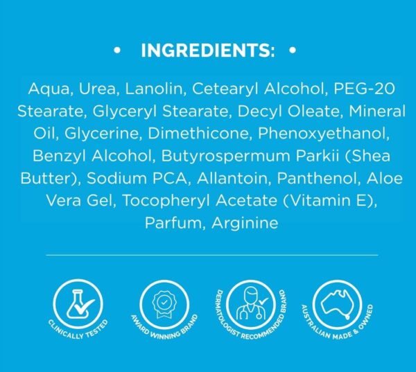 Ingredients list panel from Dermal Therapy Very Dry Skin Cream packaging on a blue background