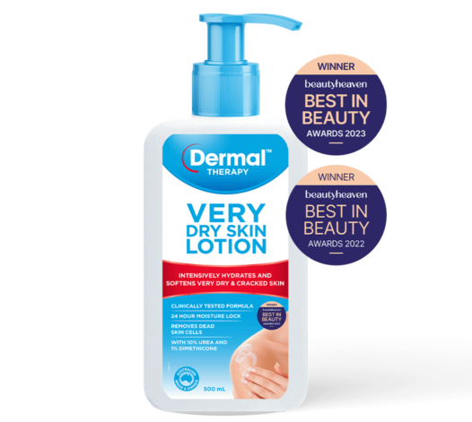 Front view of Dermal Therapy Very Dry Skin Lotion packaging, showcasing the product box with prominent beautyheaven Best in Beauty 2023 and 2022 winner badges for Best Body Moisturiser.