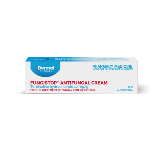 Front view of Dermal Therapy Fungistop Antifungal Cream retail packaging with product name and branding