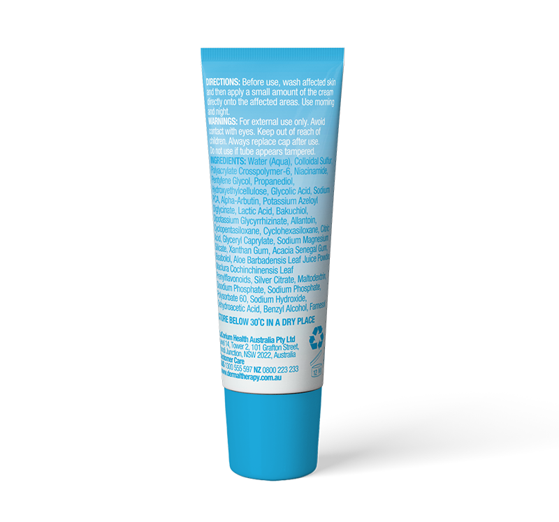 Dermal Therapy Acne cream back of tube 10g