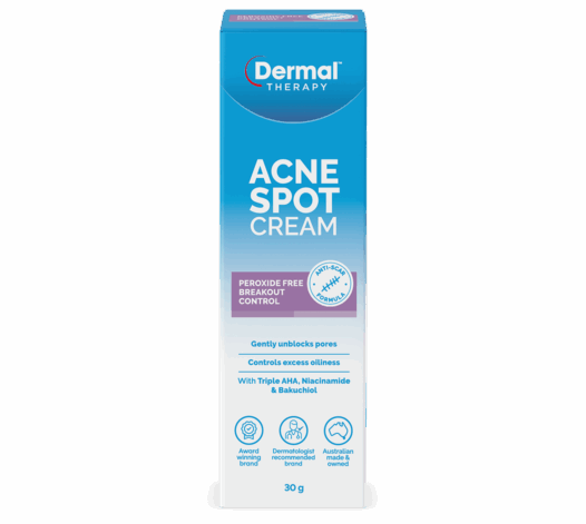 Front of Dermal Therapy Acne Spot Cream box with blue gradient packaging and product name