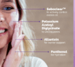 Close-up of a person applying a foaming cleanser to the cheek beside a text panel listing ingredient features