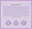 Ingredients list text with three icons on a purple background