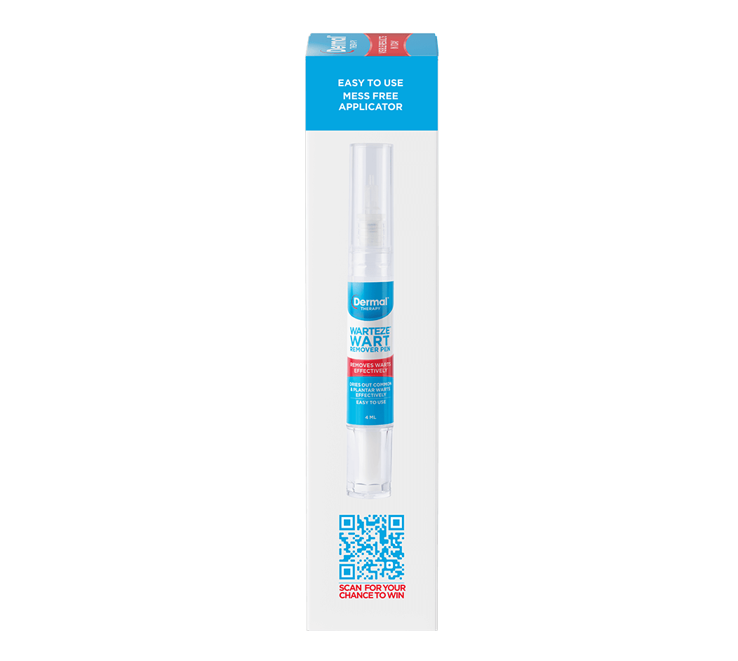 Right side view of Warteze Wart Remover Pen packaging, easy to use wart removal treatment for common & plantar warts.