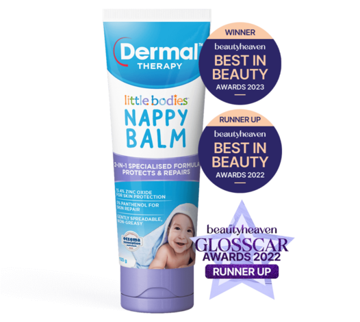 Front view of Dermal Therapy Little Bodies Nappy Balm packaging, showcasing the product box with prominent beautyheaven Best in Beauty 2023 winner badge for Best Nappy Rash Cream Product for Babies.