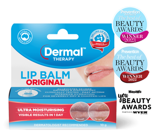 Front view of Dermal Therapy Lip Balm packaging, showcasing the product box with prominent Prevention Australia The Best of Beauty 2023, 2022 and winner badge for Mamamia You Beauty Awards