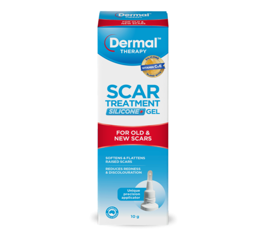 Front view of Scar Treatment Silicone+ Gel packaging, an innovative option rich in vitamins and essential nutrients to fade new and old scars.