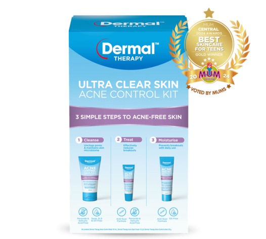 Front view of Dermal Therapy Acne Control Kit packaging, showcasing the products included with prominent Mum Central Award 2024 winner badge for best skincare for teens and tweens.
