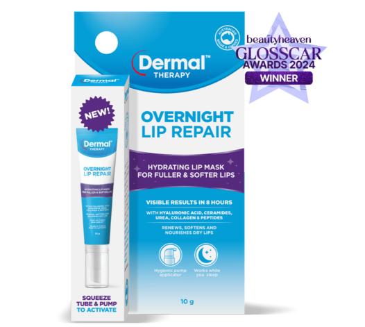 Front view of Dermal Therapy Overnight Lip Repair packaging, showcasing the product box with prominent beautyheaven Glosscar awards winner 2024 badge.