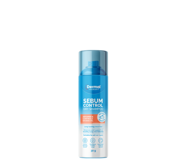 Front view of Sebum Control Dry Shampoo, suitable for all hair types, this product absorbs and controls excess oil, keeping hair fresh.