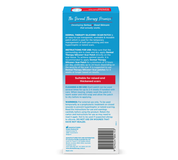 Back view of Silicone+ Scar Treatment Patches, a washable and reusable silicone gel sheet that reduces the appearance of pre-existing and new scars.