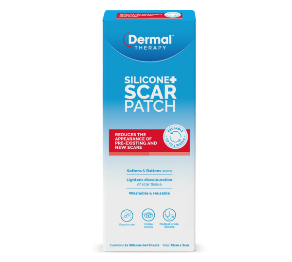 Front view of Silicone+ Scar Treatment Patches, a washable and reusable silicone gel sheet that reduces the appearance of pre-existing and new scars.