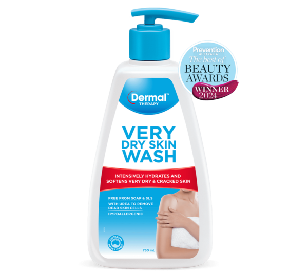 Front View of Dermal Therapy Very Dry Skin Wash packaging, showcasing the product bottle with prominent Prevention Australia Beauty Awards winner 2024 badge.