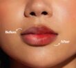 Before and after comparison of Dermal Therapy Red Lip Tint, delivering intense hydration and a bold red tint.