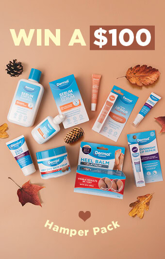 Promotional image set on a lighter brown background showing a selection of dermal therapy product packaging and text in white and light yellow: Win a $100 hamper pack