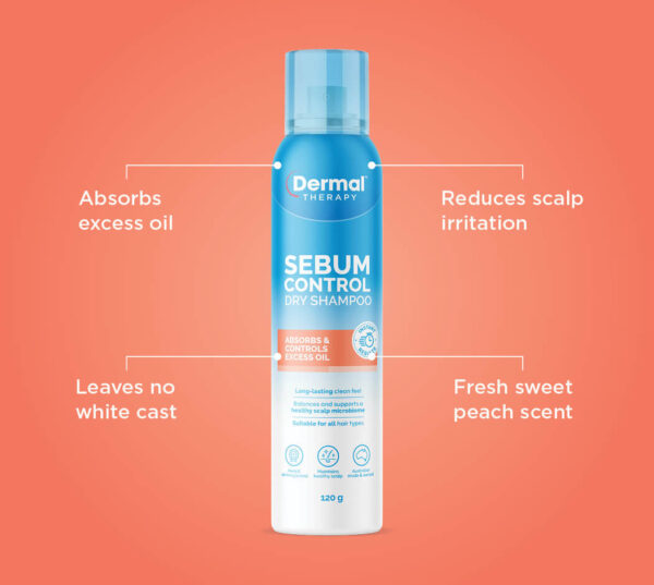 Promotional image with the Front View of the Dermal Therapy Sebum Control Dry Shampoo packaging on an orange background with four main details on the product written in white