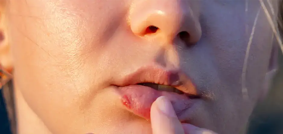 A concerned woman touching cold sores on her lip