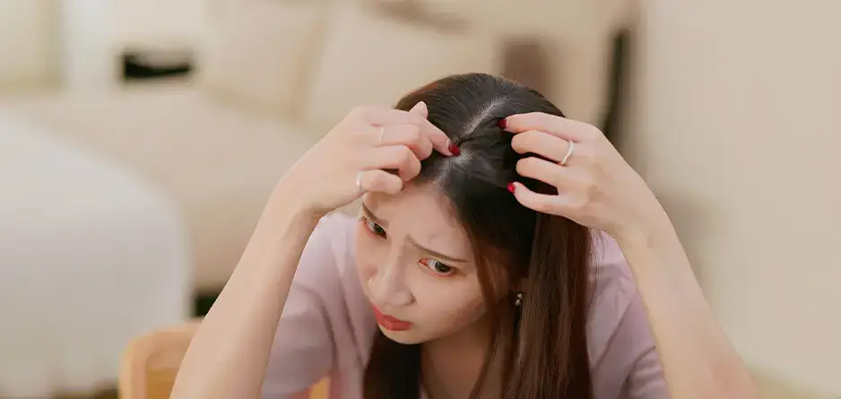 Young woman inspects her scalp in the mirror