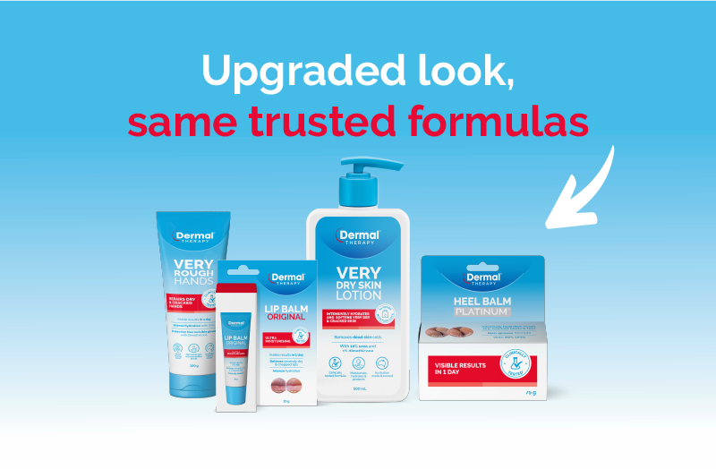 Promotional image showcasing the brand refresh on Dermal Therapy packaging set on a gradient blue background with text in white and red: Upgraded look, same trusted formulas