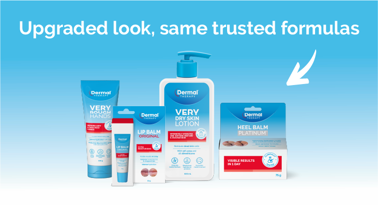 Promotional image showcasing the brand refresh on Dermal Therapy packaging set on a gradient blue background with text in white and red: Upgraded look, same trusted formulas