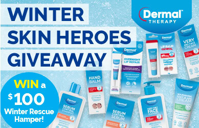 Promotional image set on a lighter icy blue background showcasing a selection of Dermal Therapy product packaging and text in navy, white and light yellow: Winter Skin Heroes Giveaway. Win a $100 winter rescue hamper