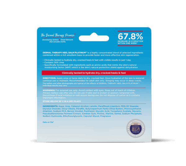Back View of the Dermal Therapy Heel Balm Platinum 75g Packaging