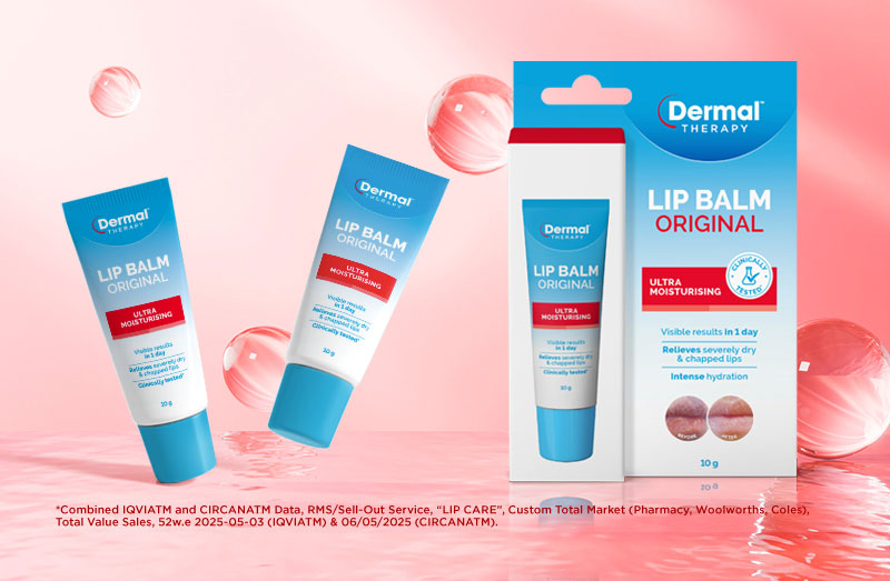 Promotional Graphic of Dermal Therapy Lip Balm Original carton & tube set on a pink background with a disclaimer in white: * Combined IQVIATM and CIRCANATM Data, RMS/Sell-Out Service, “LIP CARE”, Custom Total Market (Pharmacy, Woolworths, Coles), Total Value Sales, 52w.e 2025-05-03 (IQVIATM) & 06/05/2025 (CIRCANATM).