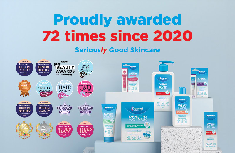 Promotional graphic including text in red and blue: “Proudly Awarded 72 times since 2020. Seriously good skincare” image also showcases a group of beauty awards on a grey blue background. These awards include Beauty Heaven Awards, You Beauty Awards and Bounty Awards amongst many others.
