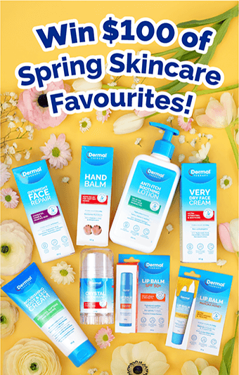 Promotional image set on a yellow background with white and yellow flowers showcasing a selection of Dermal Therapy product packaging and text in navy with white border: Win $100 of Spring Skincare Favourites!