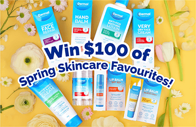 Promotional image set on a yellow background with white and yellow flowers showcasing a selection of Dermal Therapy product packaging and text in navy with white border: Win $100 of Spring Skincare Favourites!