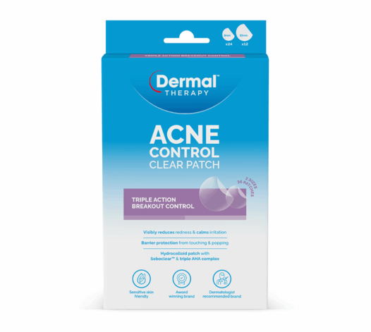 Front view of Dermal Therapy Acne Control Clear Patch packaging showing product name, triple-action breakout control, hydrocolloid patch with Seboclear™ and triple AHA complex, and icons for sensitive skin friendly, award-winning brand, and dermatologist recommended.