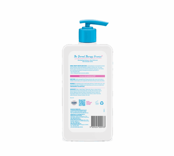 Back view of Dermal Therapy Sensitive Skin Lotion bottle showing ingredients and directions.