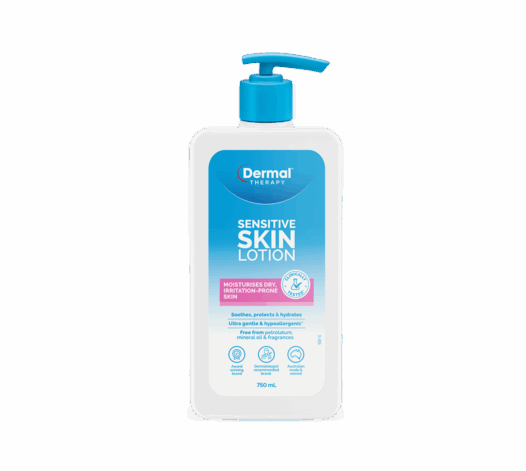 Front view of Dermal Therapy Sensitive Skin Lotion 750mL bottle with pump dispenser.