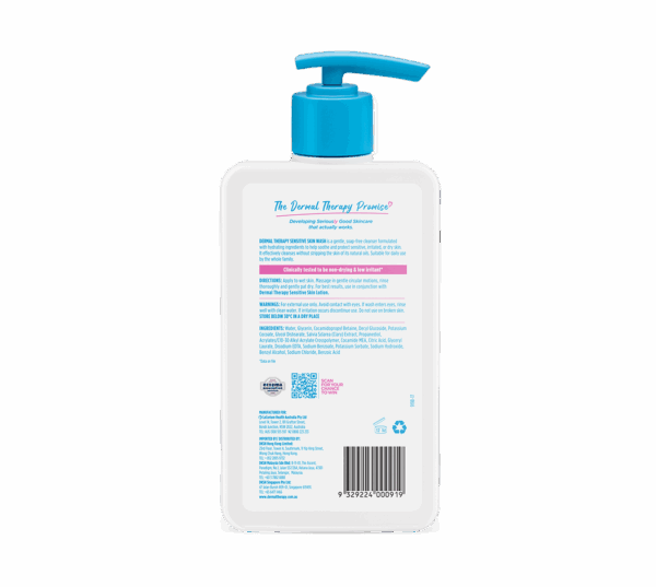 Back view of Dermal Therapy Sensitive Skin Wash bottle showing product details and barcode.