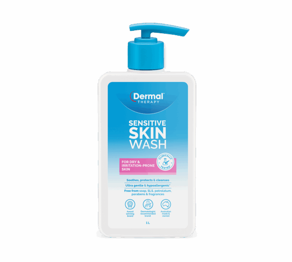 Front view of Dermal Therapy Sensitive Skin Wash 1L bottle with pump dispenser.