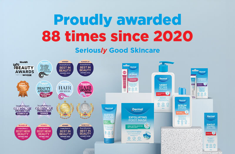 Promotional graphic including text in red and blue: “Proudly Awarded 88 times since 2020. Seriously good skincare” image also showcases a group of beauty awards on a grey blue background. These awards include Finder’s Awards, Beauty Heaven Awards, You Beauty Awards and Bounty Awards amongst many others.