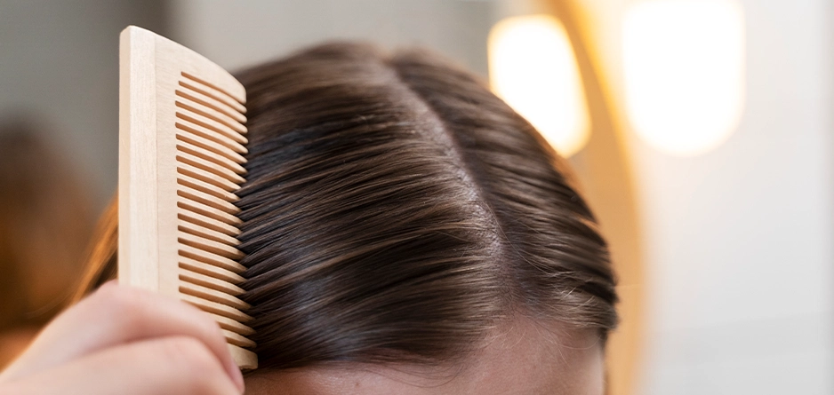 A woman combing her hair thinking about Skinification of the Scalp: The New Skincare Ritual You Need to Know