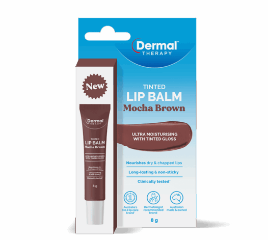 Front of the Dermal Therapy Tinted Lip Balm Mocha Brown packaging with an image of the tube shown on the card.